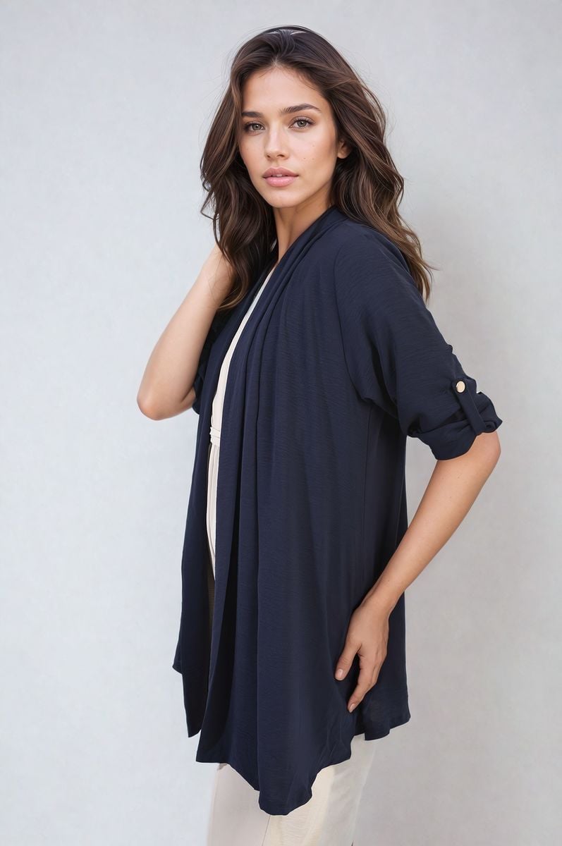 VIVIAN Open Front Roll Up Sleeve Cardigan