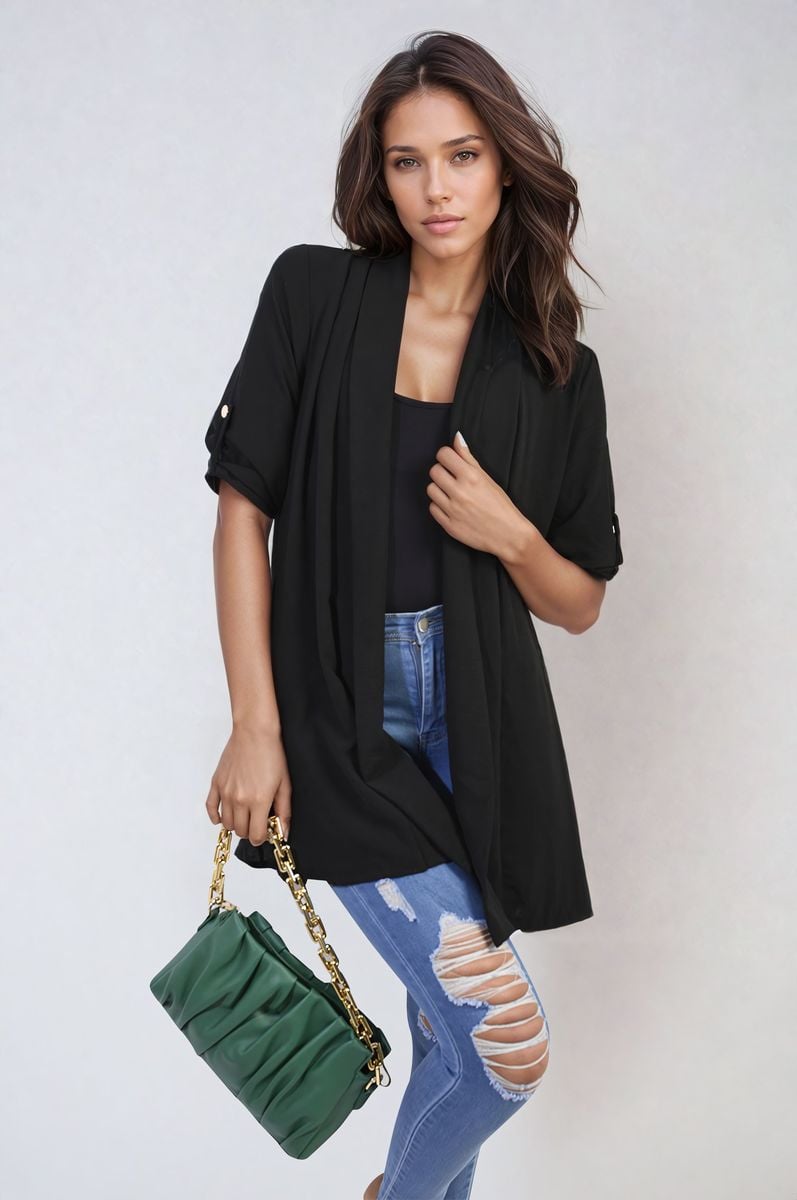 VIVIAN Open Front Roll Up Sleeve Cardigan