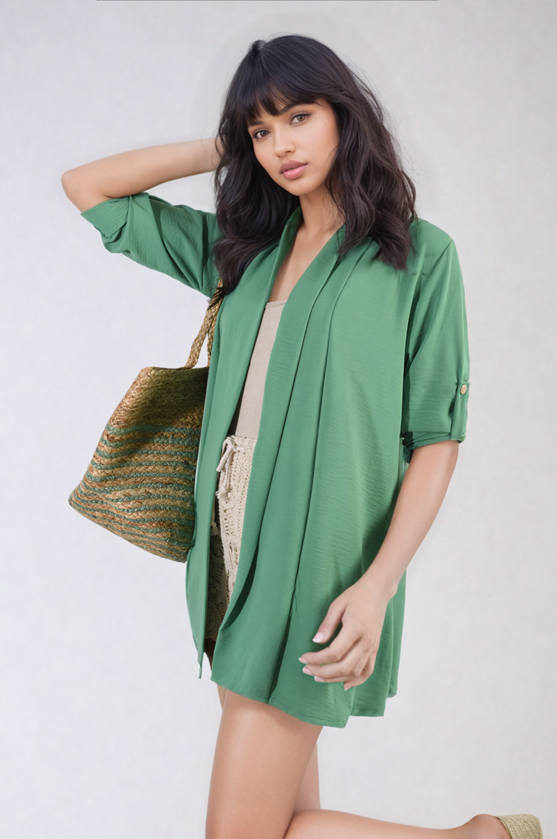 VIVIAN Open Front Roll Up Sleeve Cardigan