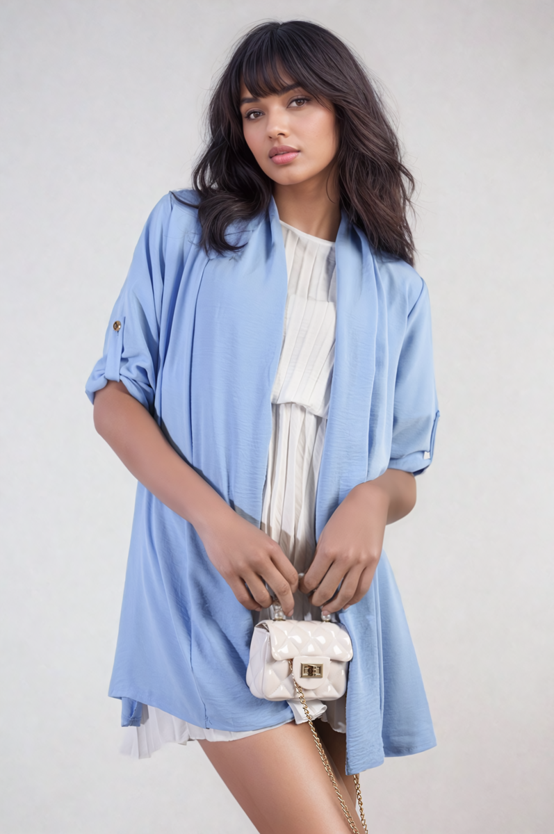 VIVIAN Open Front Roll Up Sleeve Cardigan