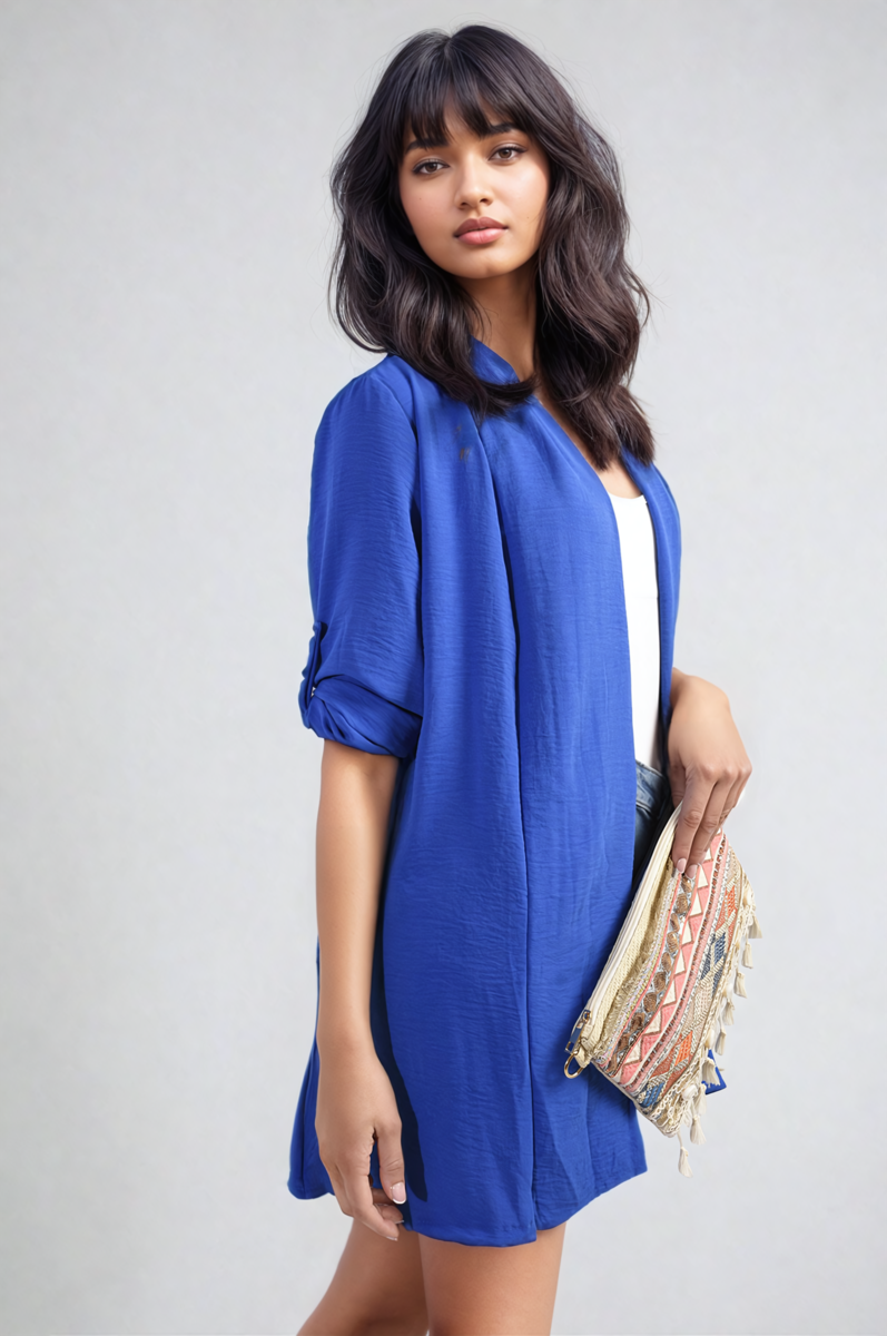 VIVIAN Open Front Roll Up Sleeve Cardigan