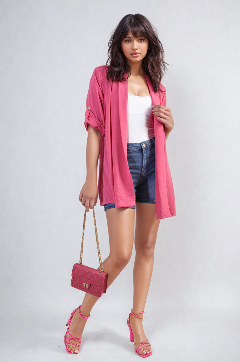 VIVIAN Open Front Roll Up Sleeve Cardigan