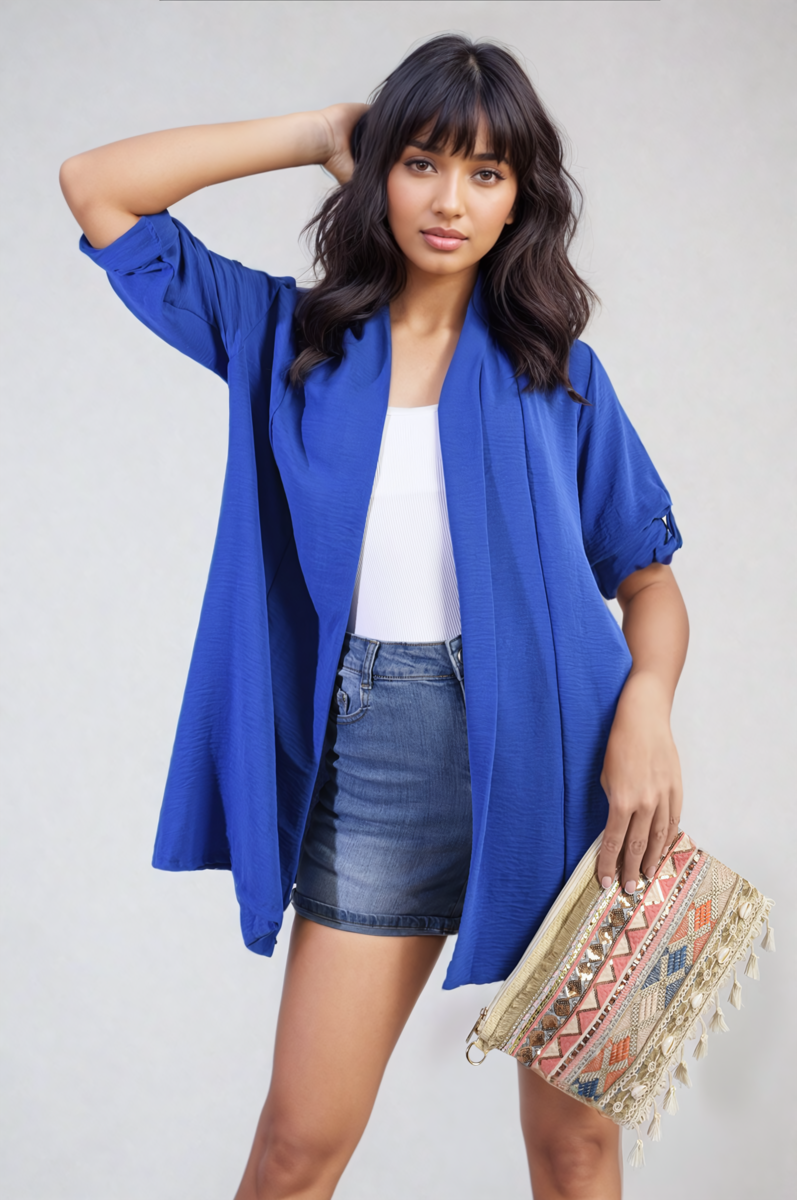 VIVIAN Open Front Roll Up Sleeve Cardigan