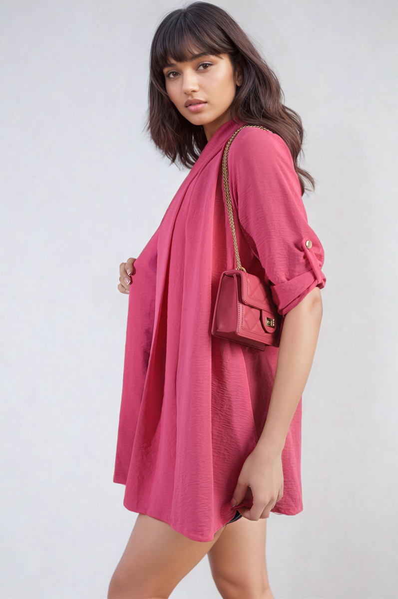 VIVIAN Open Front Roll Up Sleeve Cardigan