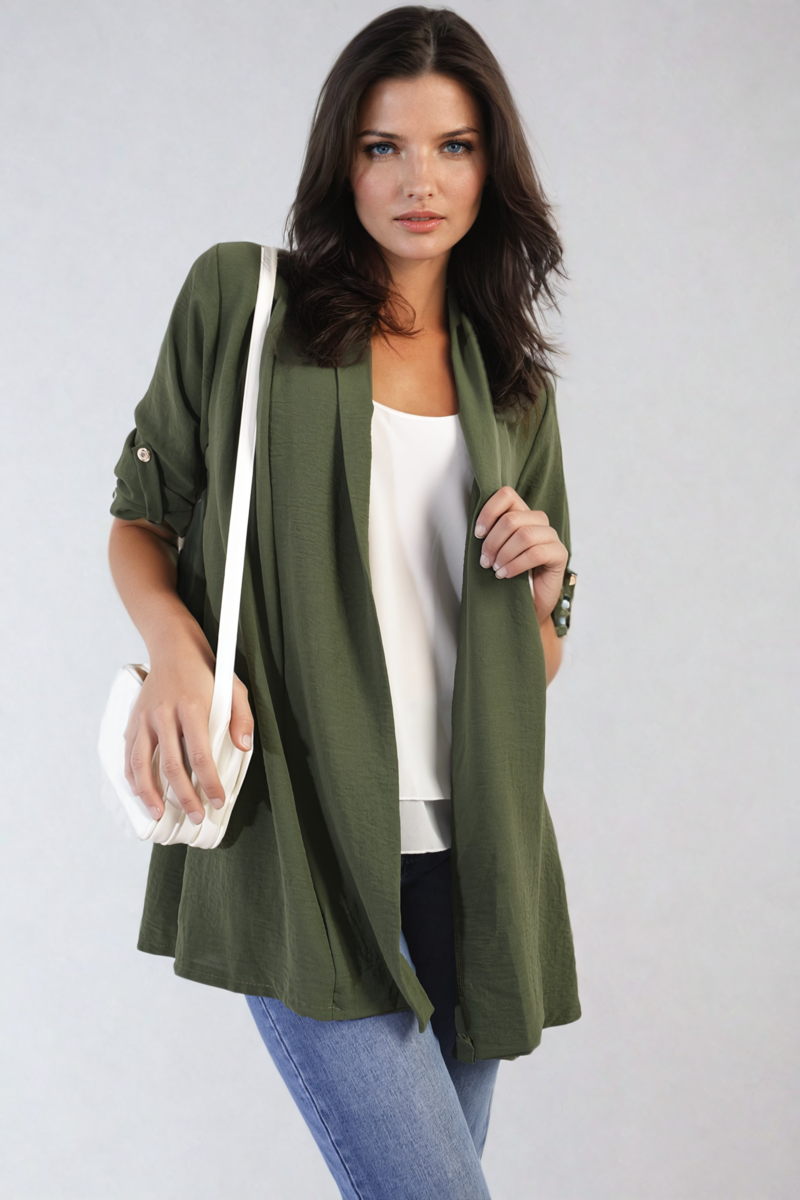 VIVIAN Open Front Roll Up Sleeve Cardigan