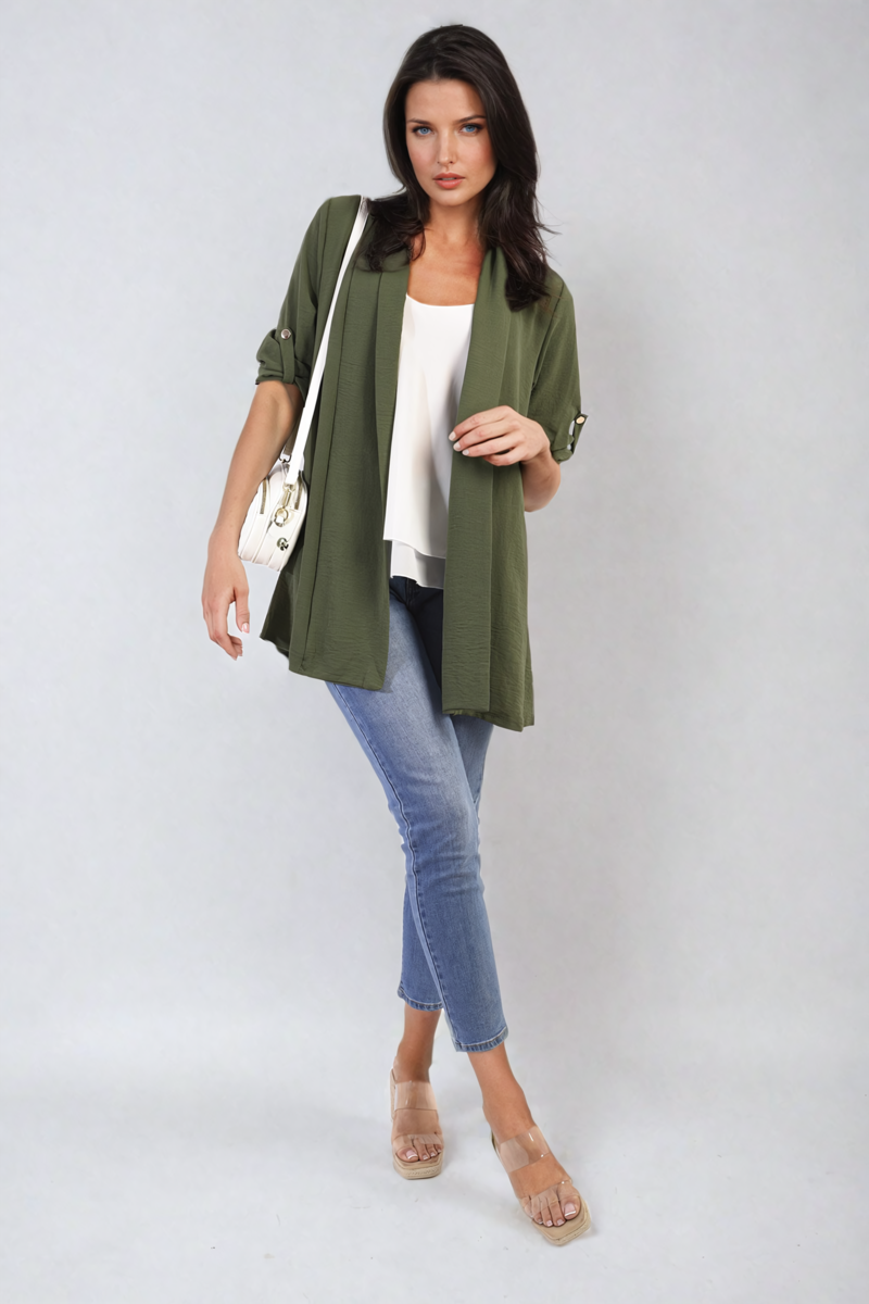 VIVIAN Open Front Roll Up Sleeve Cardigan