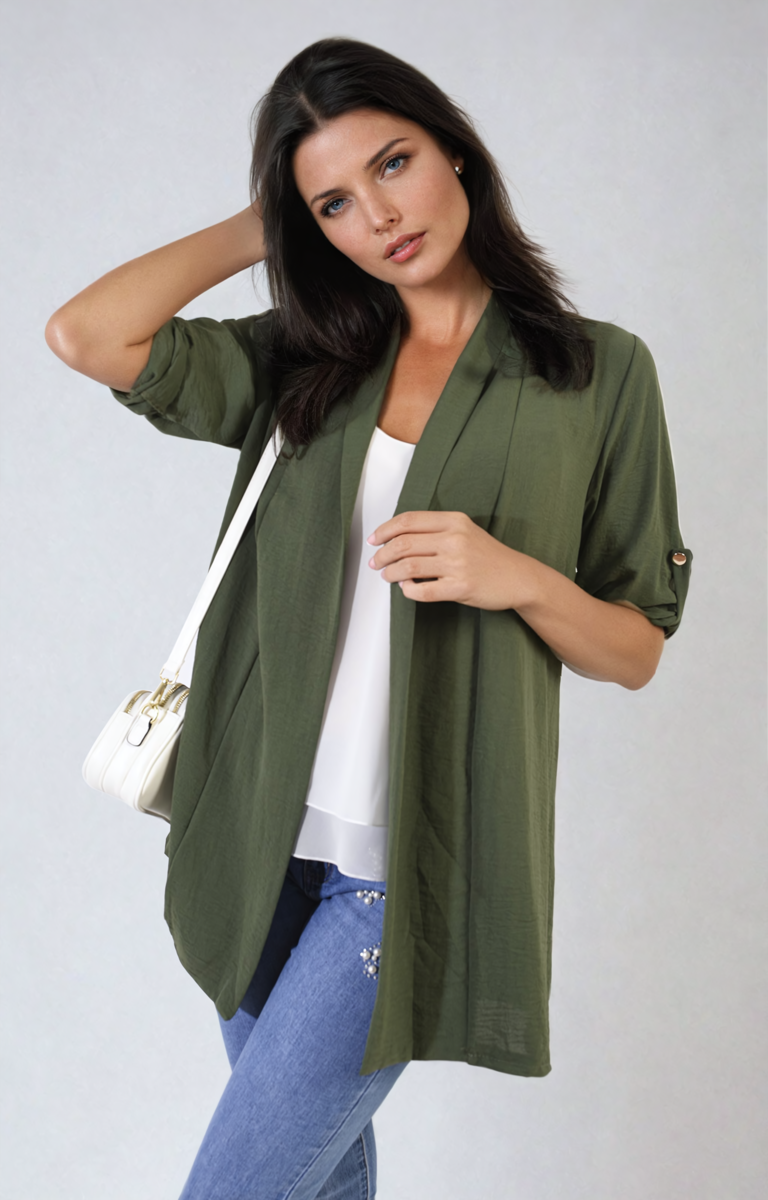 VIVIAN Open Front Roll Up Sleeve Cardigan