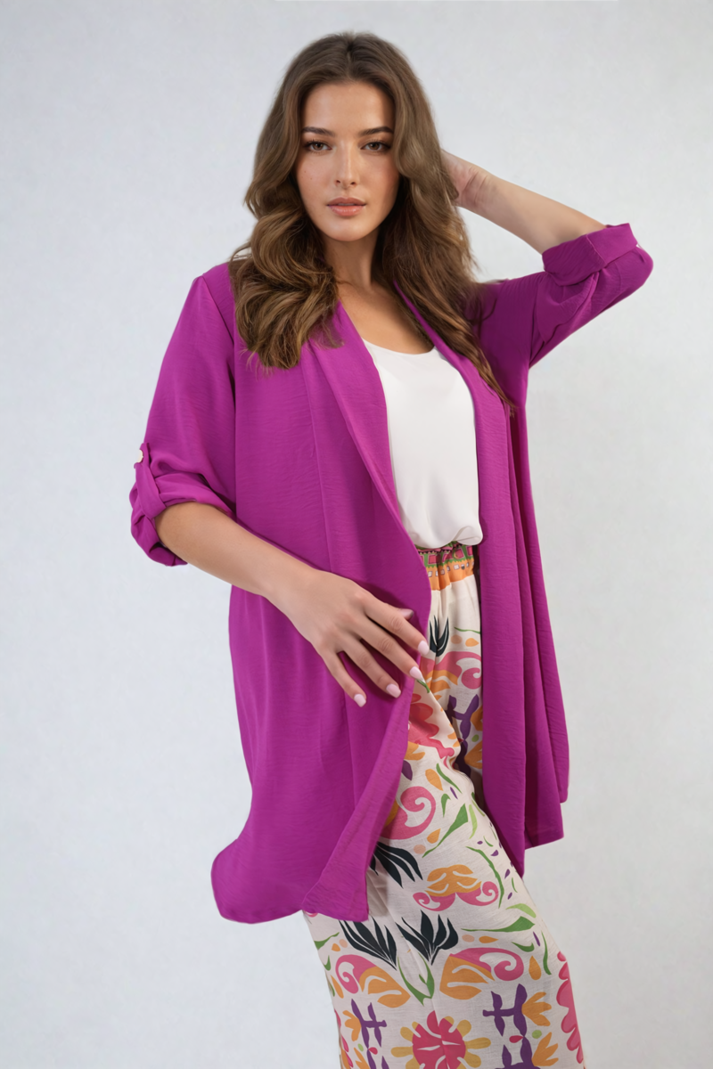 VIVIAN Open Front Roll Up Sleeve Cardigan