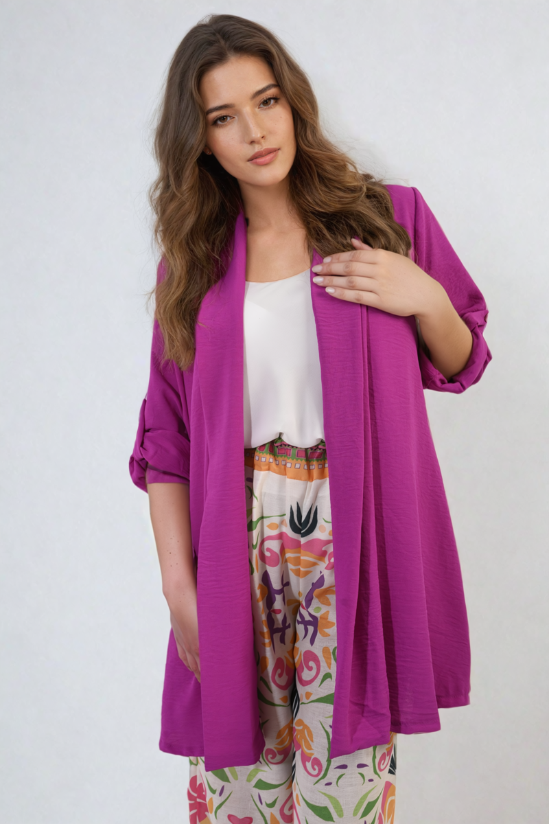 VIVIAN Open Front Roll Up Sleeve Cardigan