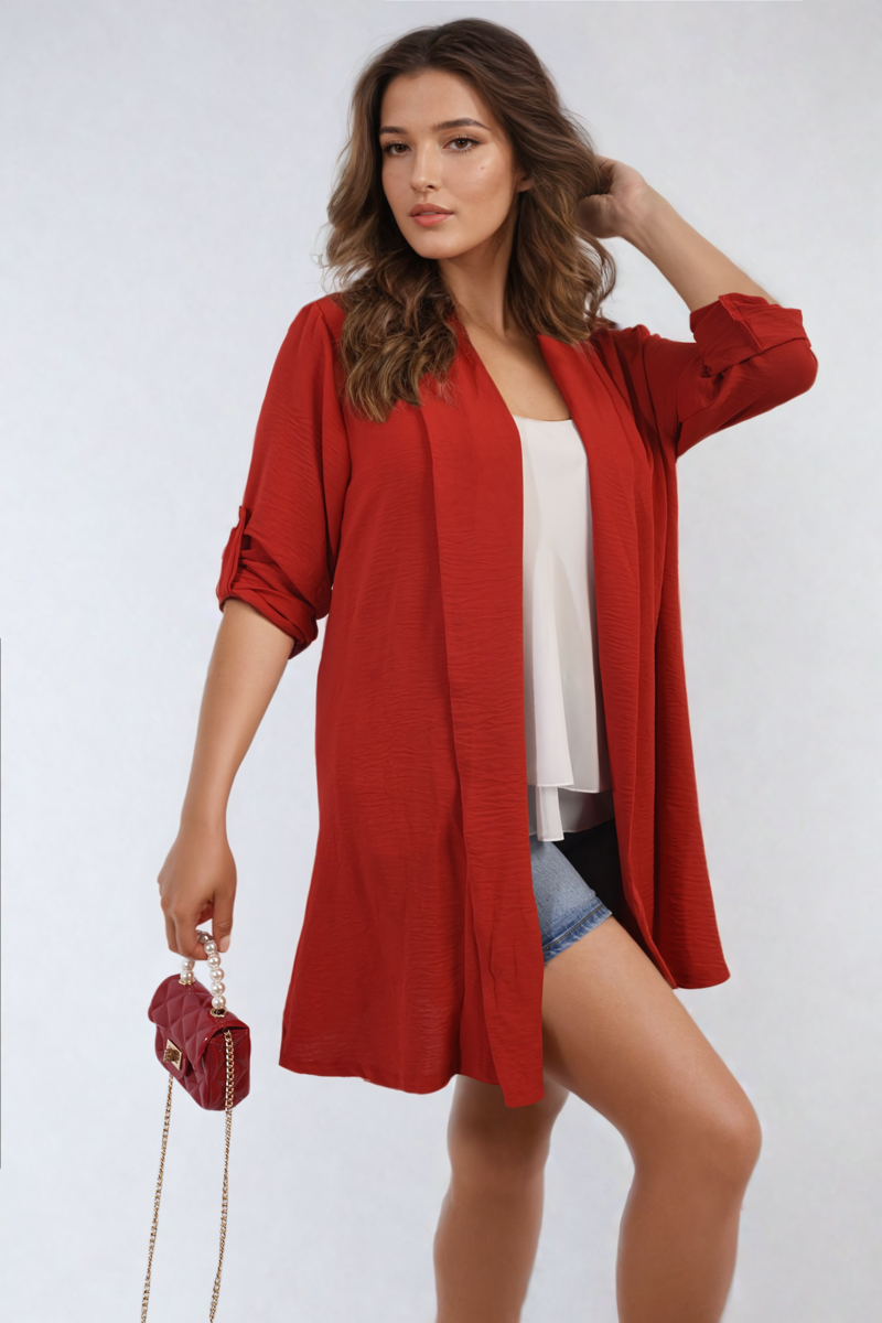 VIVIAN Open Front Roll Up Sleeve Cardigan