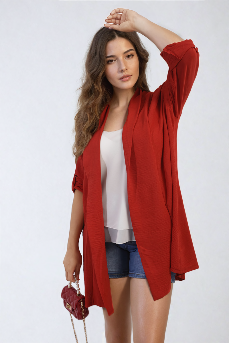 VIVIAN Open Front Roll Up Sleeve Cardigan