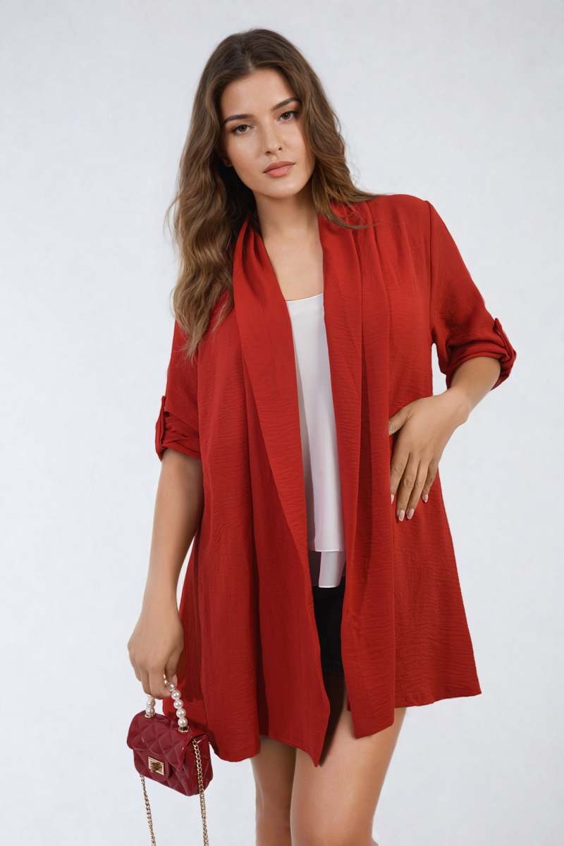 VIVIAN Open Front Roll Up Sleeve Cardigan