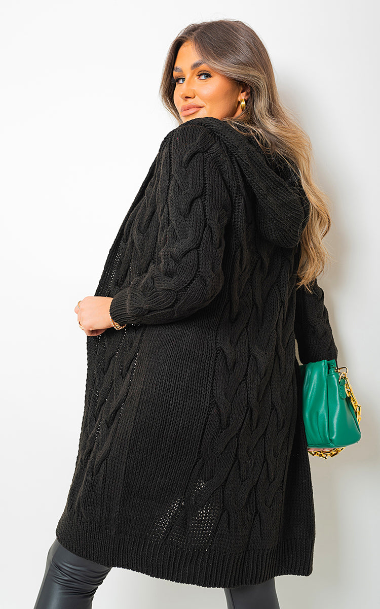 ZOE Chunky Cable Knitted Oversized Longline Hooded Cardigan