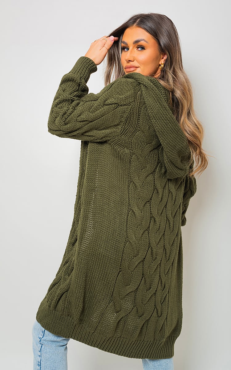 ZOE Chunky Cable Knitted Oversized Longline Hooded Cardigan