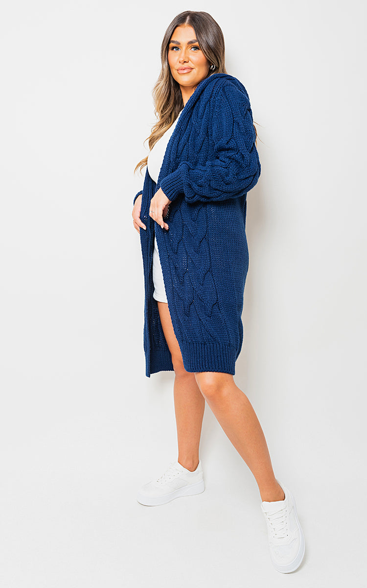 ZOE Chunky Cable Knitted Oversized Longline Hooded Cardigan