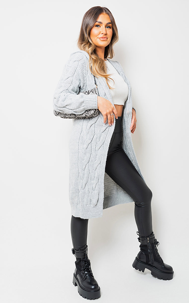 ZOE Chunky Cable Knitted Oversized Longline Hooded Cardigan