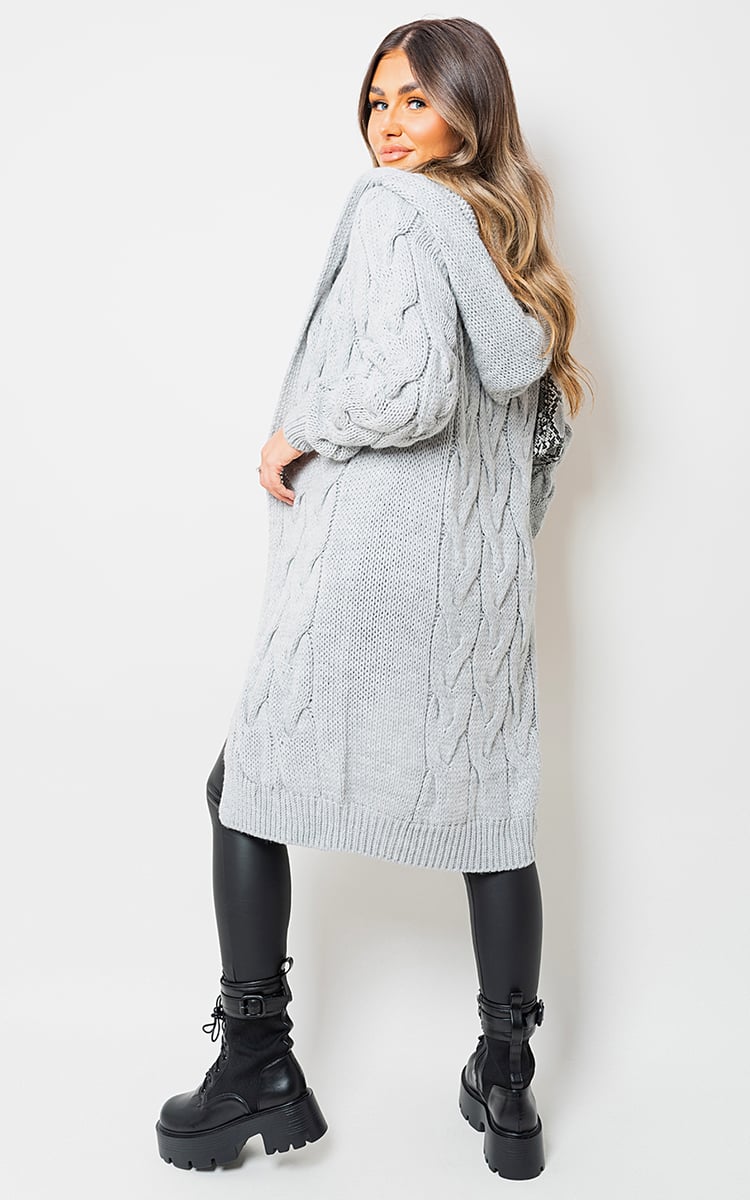 ZOE Chunky Cable Knitted Oversized Longline Hooded Cardigan