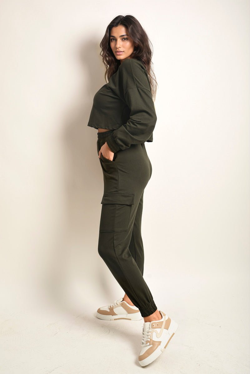 JESSIE Cropped Long Sleeve Top And Cargo Joggers Co - ordinates - Glamoo - 