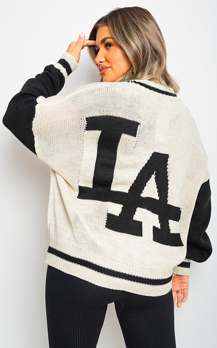 JULIANA LA Print Knitted Varsity Cardigan - Glamoo -