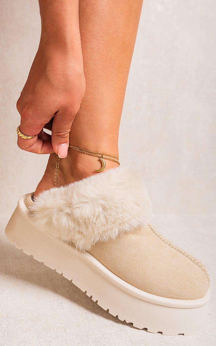 KELLY Faux Fur Trim Whisp Chunky Platform Slippers - Glamoo - 