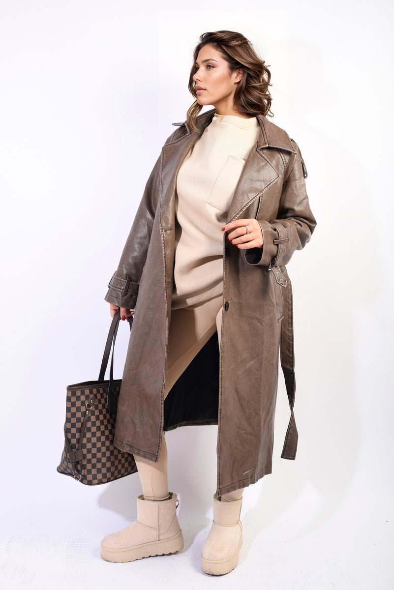 Lapel Neck Belted Trench Coat Jacket - Glamoo -