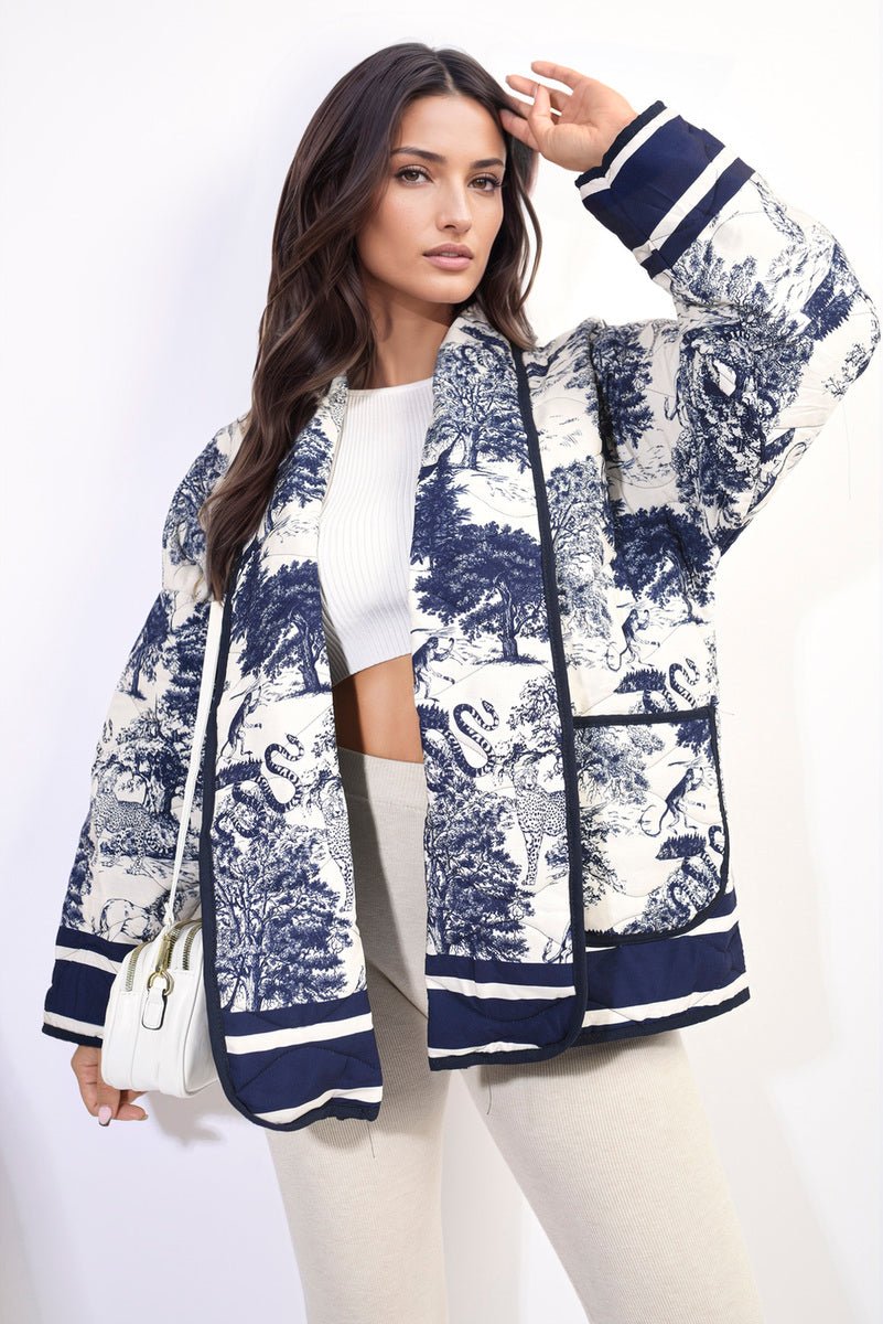 Lapel Printed Quilted Jacket - Glamoo -