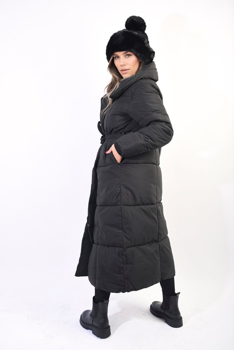 Longline Puffer Jacket With Belt Detail - Glamoo -