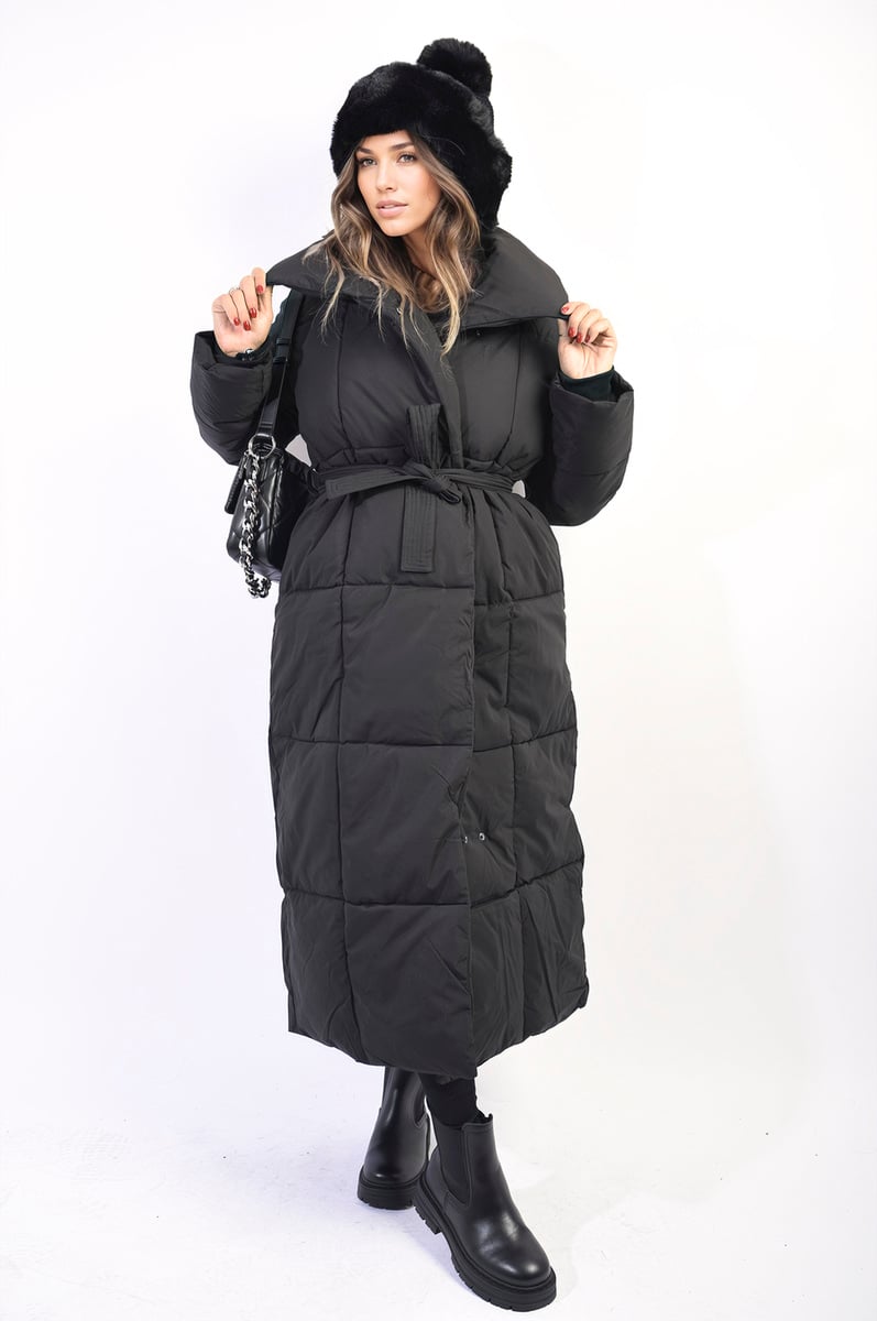 Longline Puffer Jacket With Belt Detail - Glamoo -