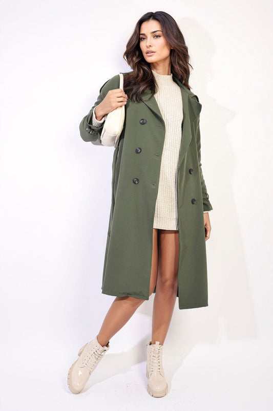 Millie Waist Tie Button Detailed Trench Coat - Glamoo -