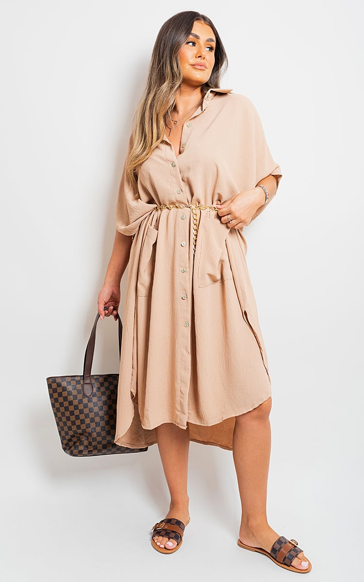 NANCY Button Down Collared Midi Dress with Two Front Pockets - Glamoo - 