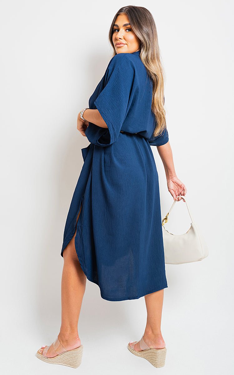 NANCY Button Down Collared Midi Dress with Two Front Pockets - Glamoo - 