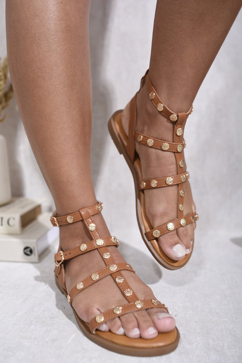 NATALIA Studded Strappy Flat Sandals - Glamoo - 