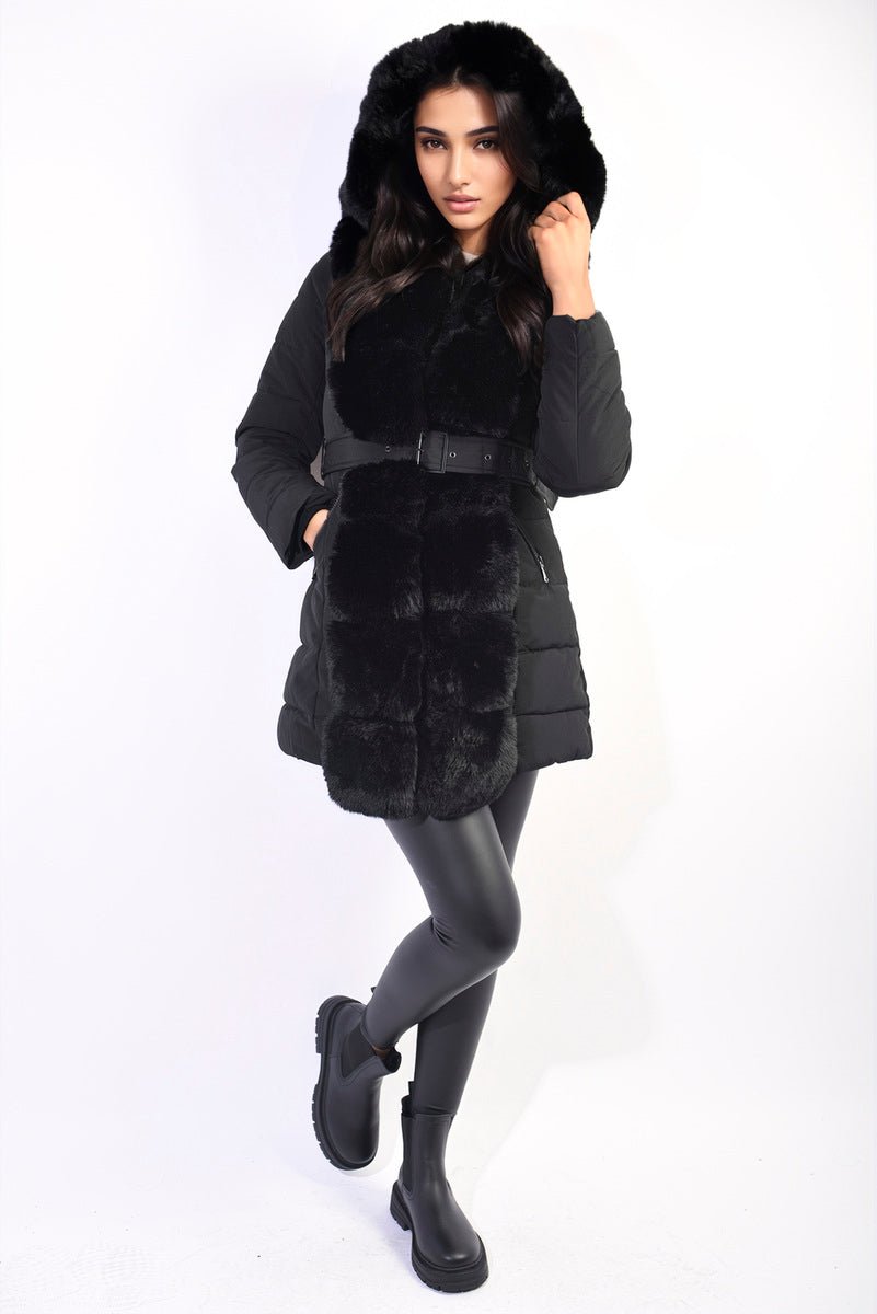 Padded Faux Fur Trim Longline Coat - Glamoo -