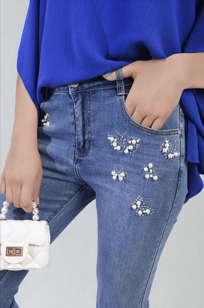 Pearl Rhinestone Skinny Jeans - Glamoo - 