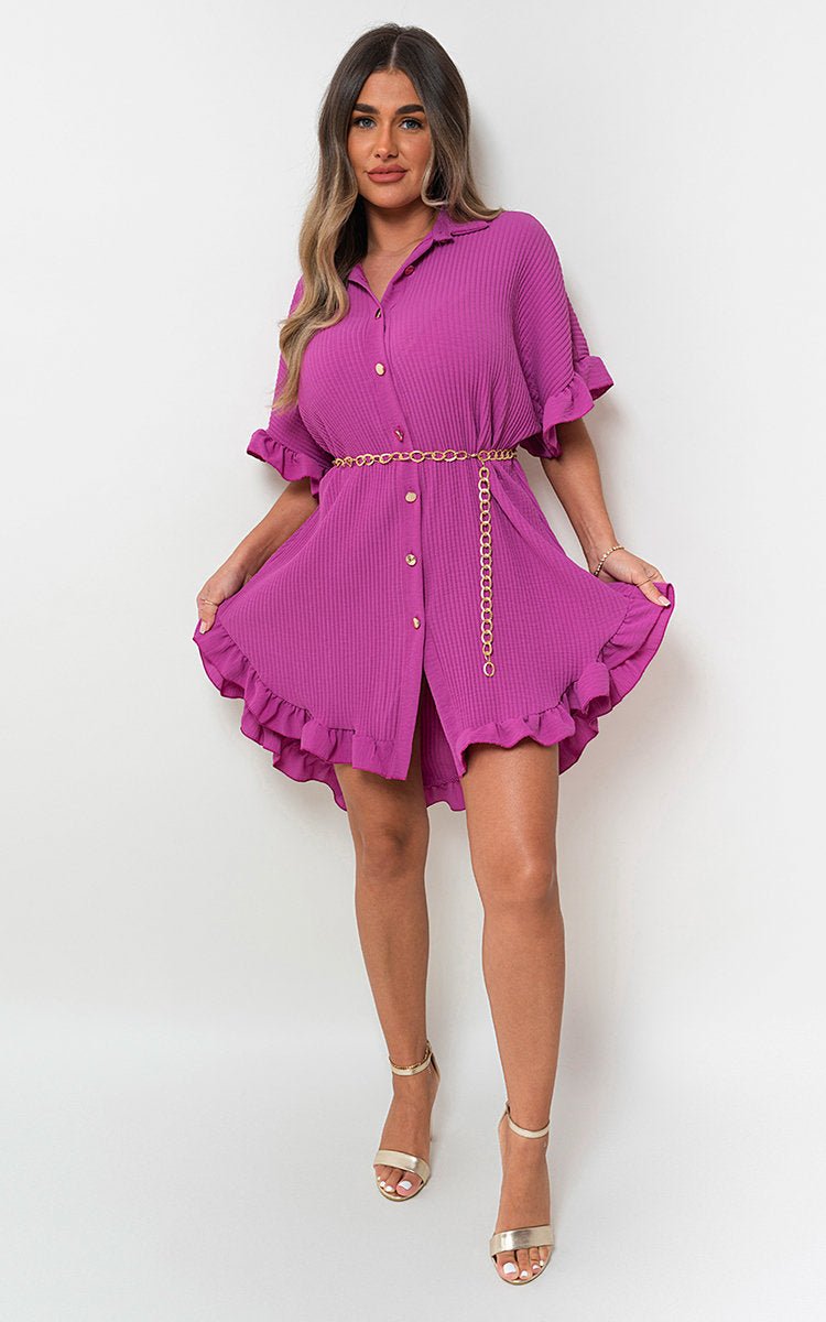 PRISHA Button Down Oversized Ruffle Short Sleeve Mini Dress - Glamoo - 