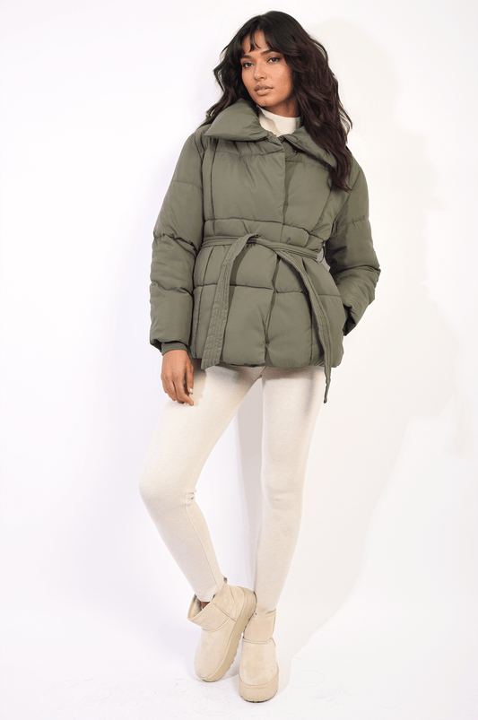 Quilted Padded Puffer Jacket With Belt Detail - Glamoo -