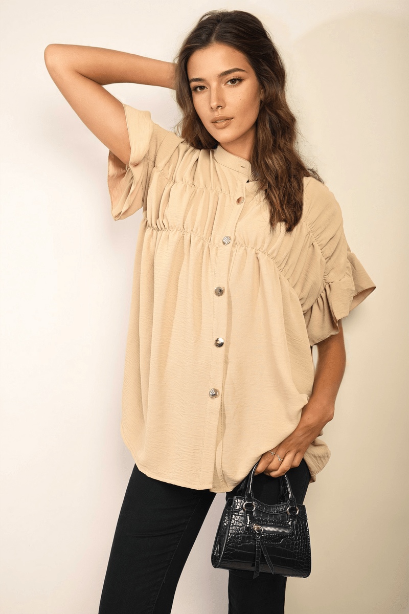 REBECCA Button Down Pleated Frill Tops - Glamoo - 