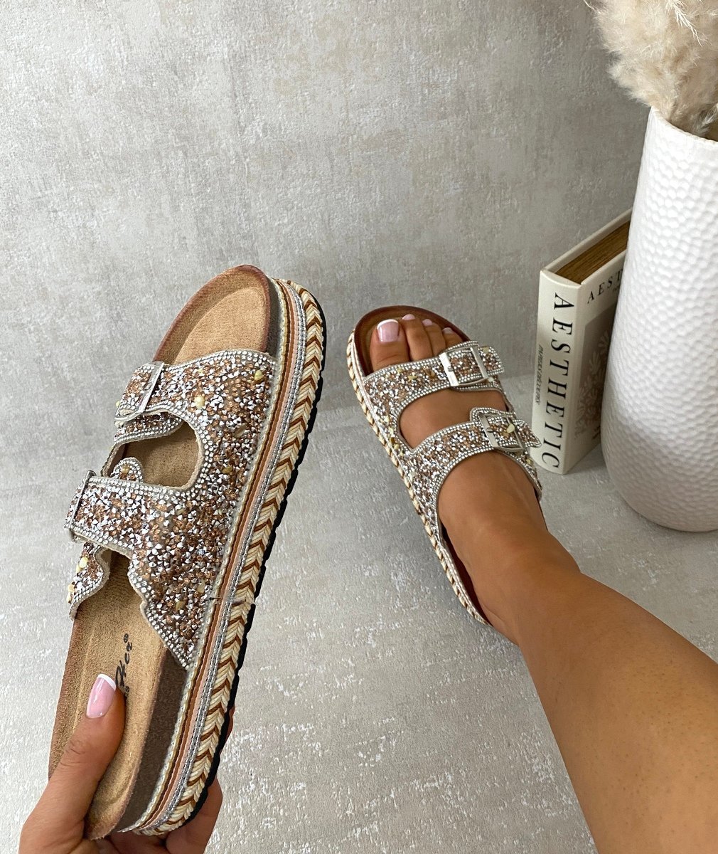 REMY Embellished Stone Double Buckle Platform Sandals - Glamoo - 