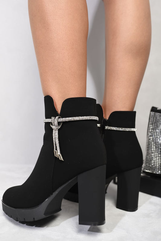 Rhinestone Decor Heeled Chunky Boots - Glamoo -