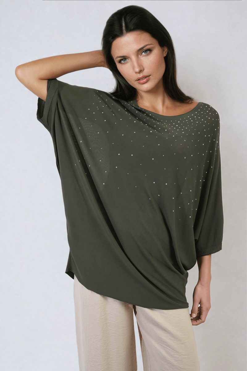 Round Neck Studded Oversized Top - Glamoo - 