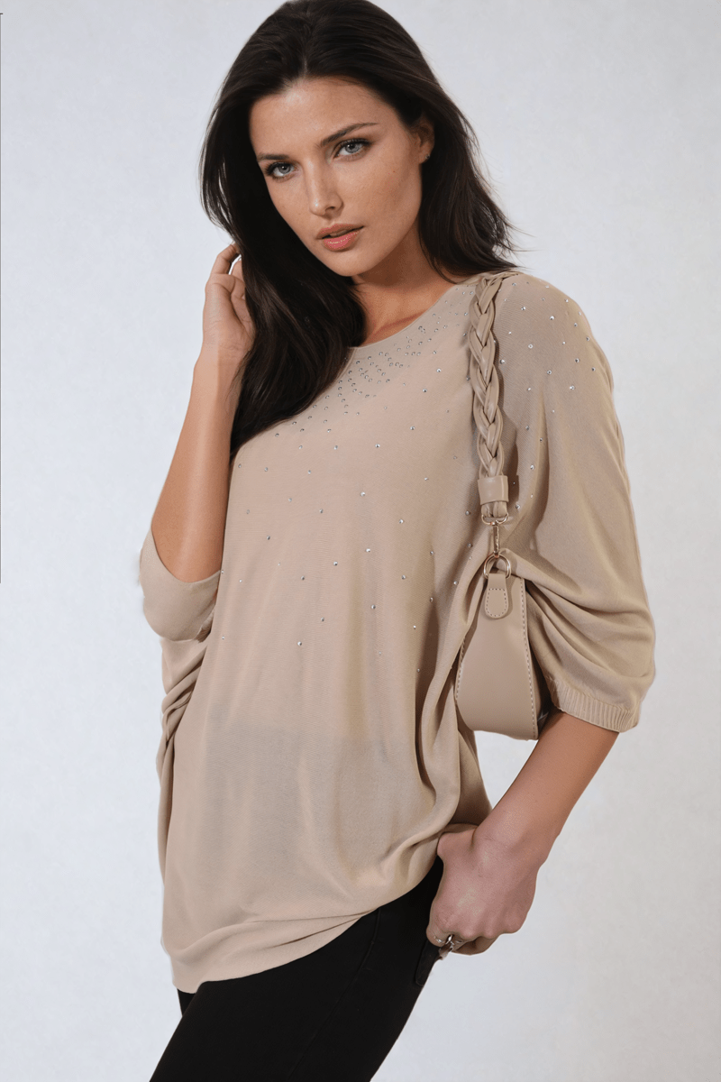 Round Neck Studded Oversized Top - Glamoo - 