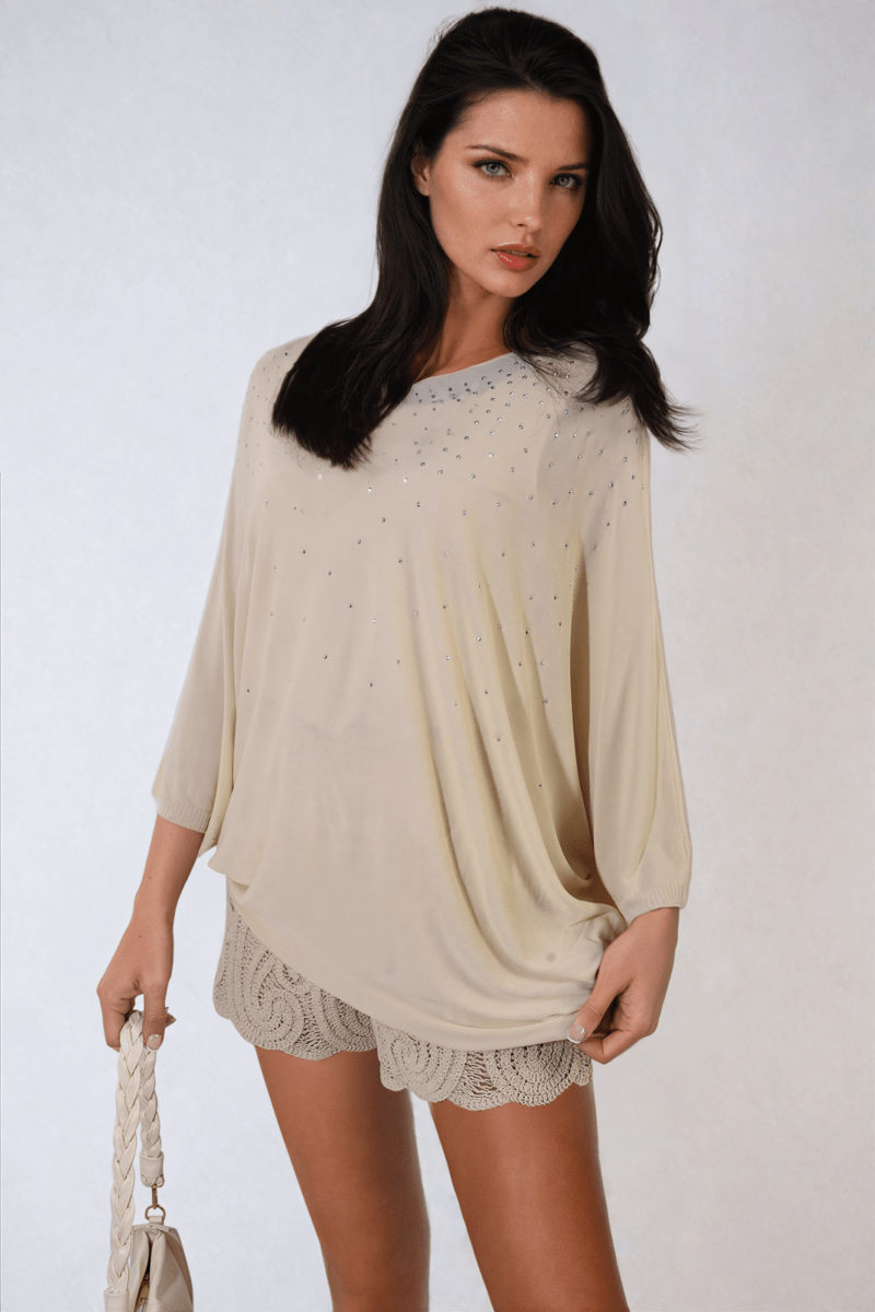 Round Neck Studded Oversized Top - Glamoo - 