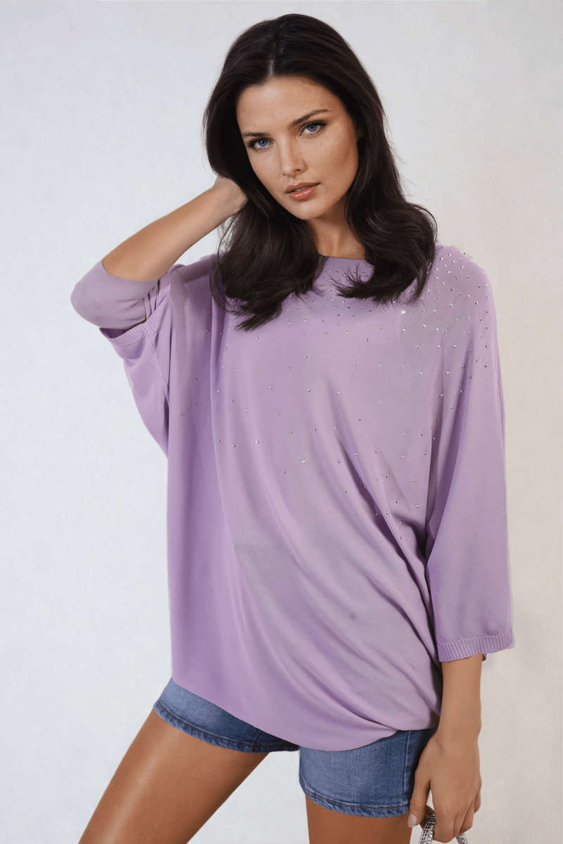 Round Neck Studded Oversized Top - Glamoo - 