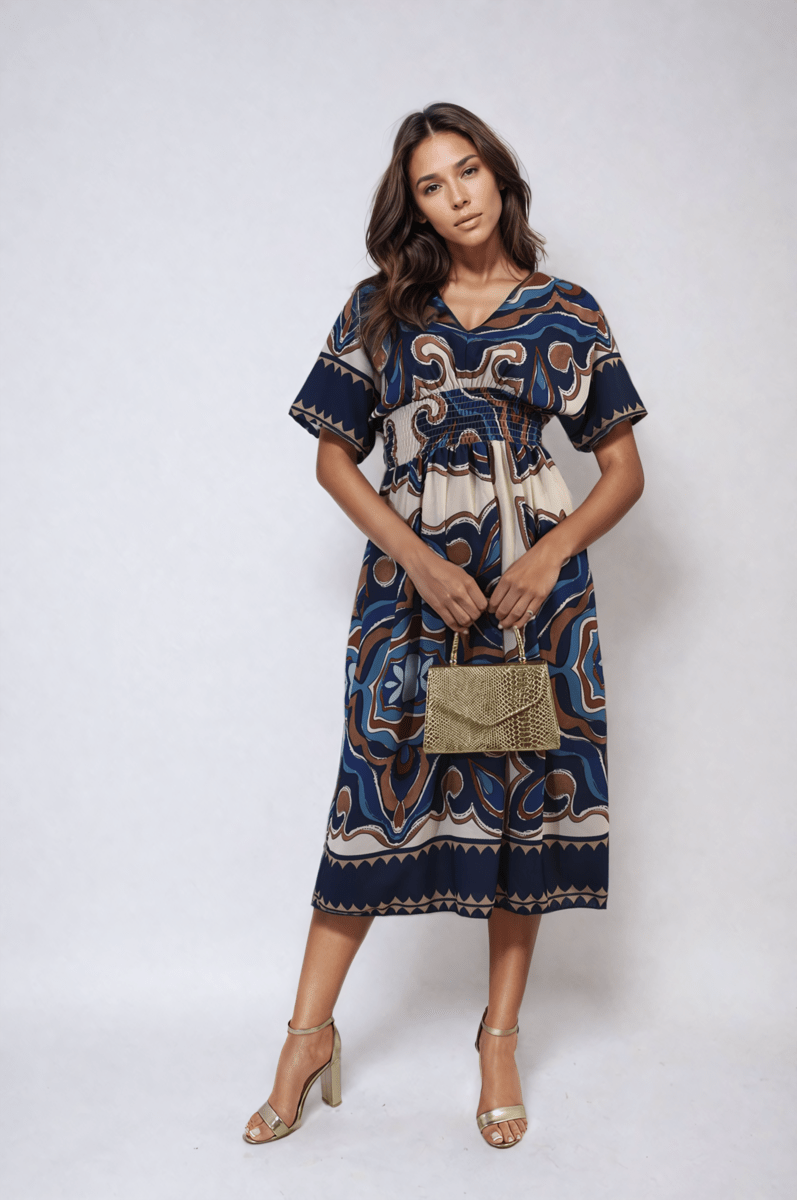 Ruched Printed V - Neck Short Sleeve Midi Dress - Glamoo - 