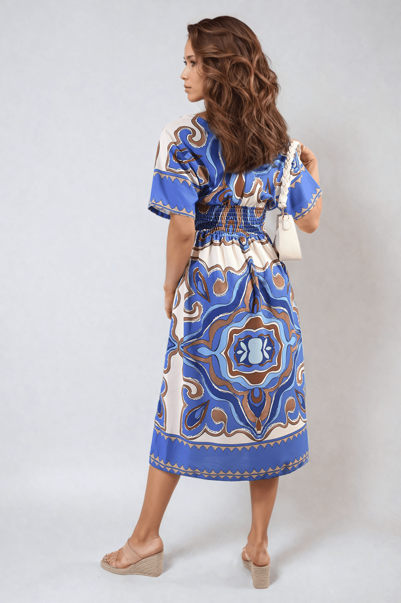 Ruched Printed V - Neck Short Sleeve Midi Dress - Glamoo - 