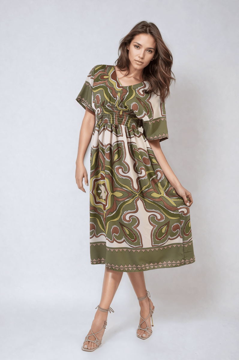 Ruched Printed V - Neck Short Sleeve Midi Dress - Glamoo - 