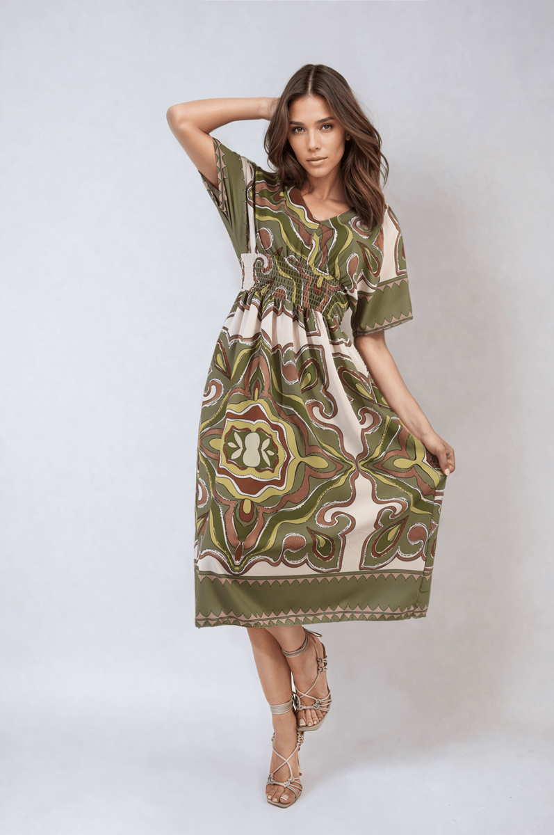 Ruched Printed V - Neck Short Sleeve Midi Dress - Glamoo - 