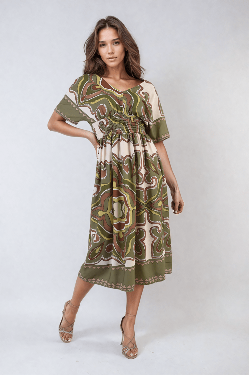 Ruched Printed V - Neck Short Sleeve Midi Dress - Glamoo - 