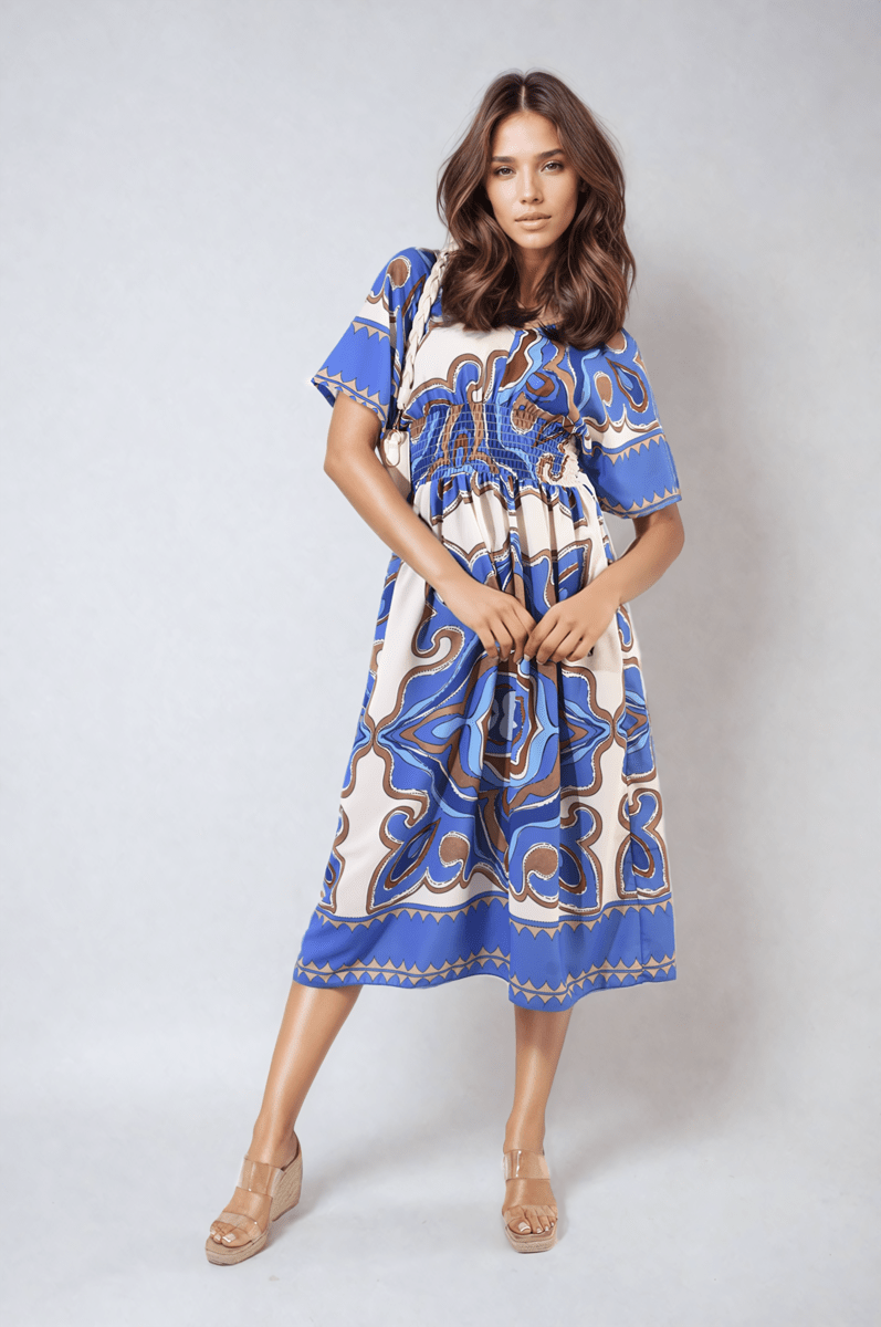 Ruched Printed V - Neck Short Sleeve Midi Dress - Glamoo - 