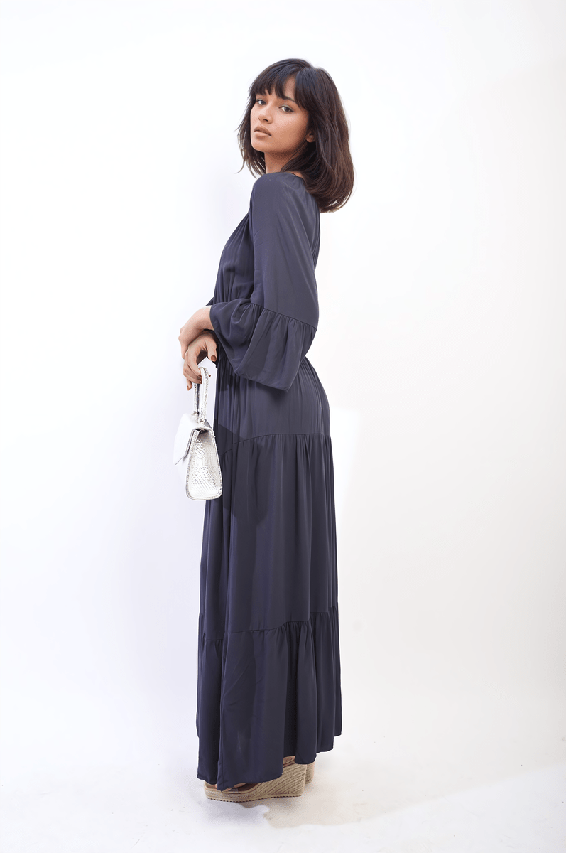 Ruffle Hem Sleeve Shirred Waist Tiered Maxi Dress - Glamoo - 